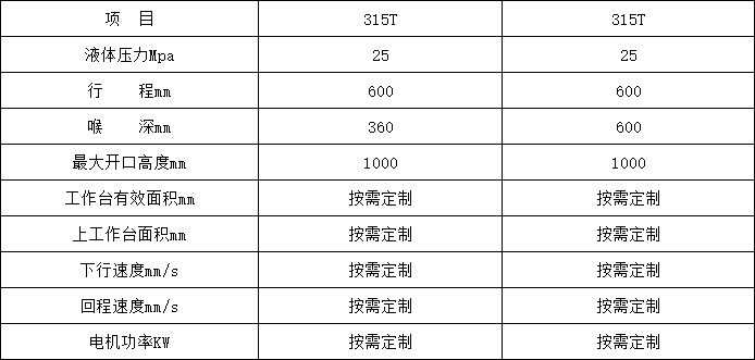 315噸單臂液壓機(jī)參數(shù)